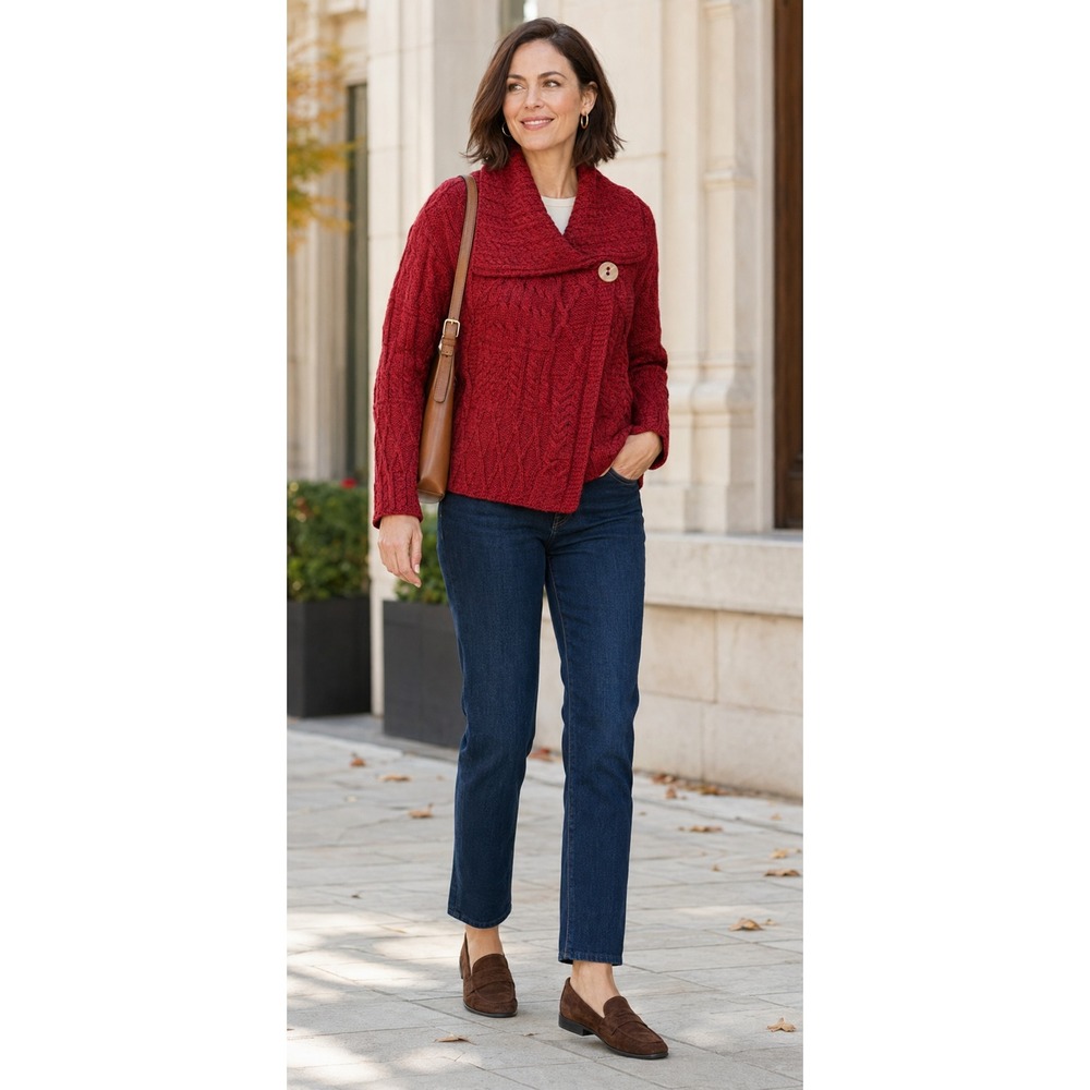 NWT Carraig Donn Irish Wool Asymmetrical Cardigan Aran Knit Sz L Cottage Cozy